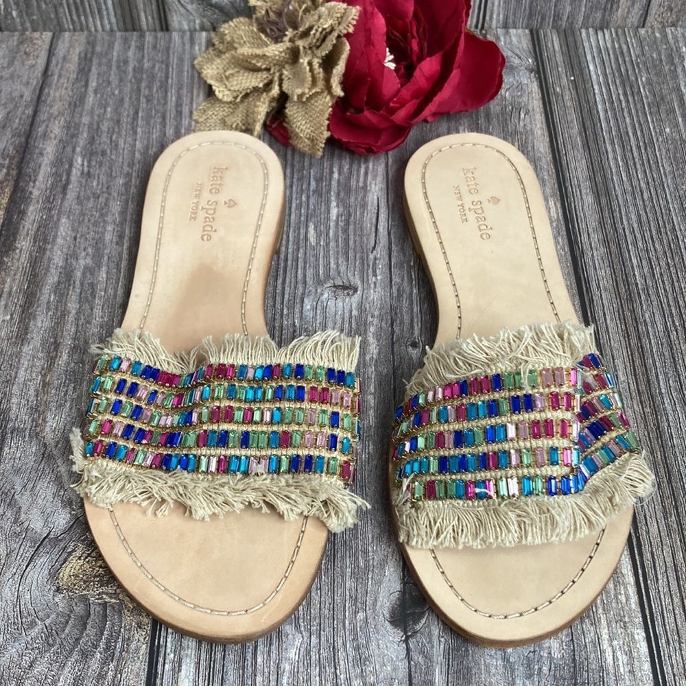 KATE SPADE Solaina Natural Multi-Color Rhinestone Sandals 8.5M - Picture 2 of 10